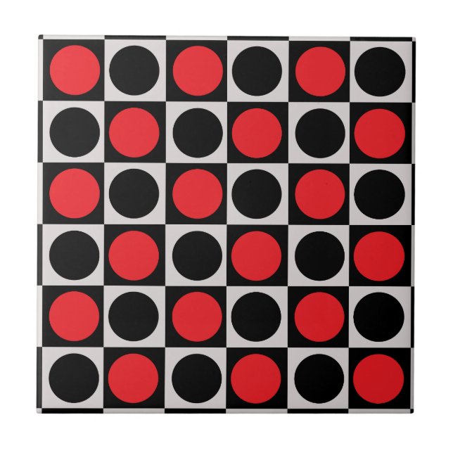 Chequered Geometric Red Black Circle Polka Dots  Tile (Front)