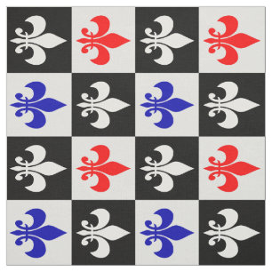 Chequered Geometric Red Blue Black Fleur-de-lis Fabric
