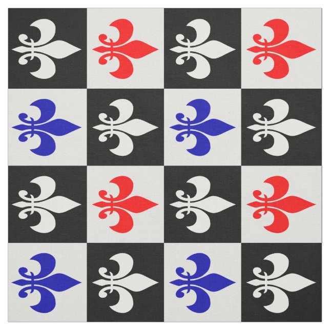 Chequered Geometric Red Blue Black Fleur-de-lis  Fabric (Swatch)