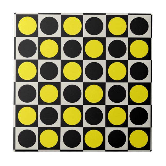 Chequered Geometric Yellow Black Circle Polka Dot Tile (Front)