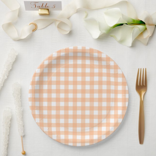Chequered Gingham Check Plaid Pattern Peach Paper Plate (Wedding)