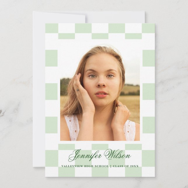 Chequered Grad graduation announcement green (Front)