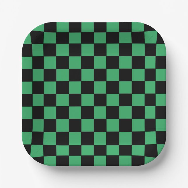 Chequered Green and Black Paper Plate (Front)