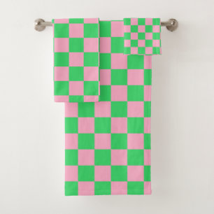 Chequered Green and Pink Bath Towel Set