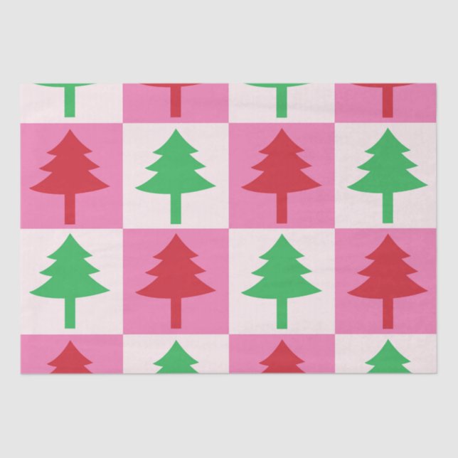 Chequered Green and Red Christmas Trees Pattern  Tissue Paper (Front)