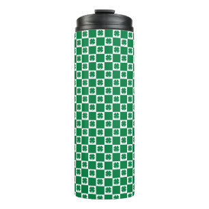 Chequered Green and White Shamrock Clover Pattern Thermal Tumbler