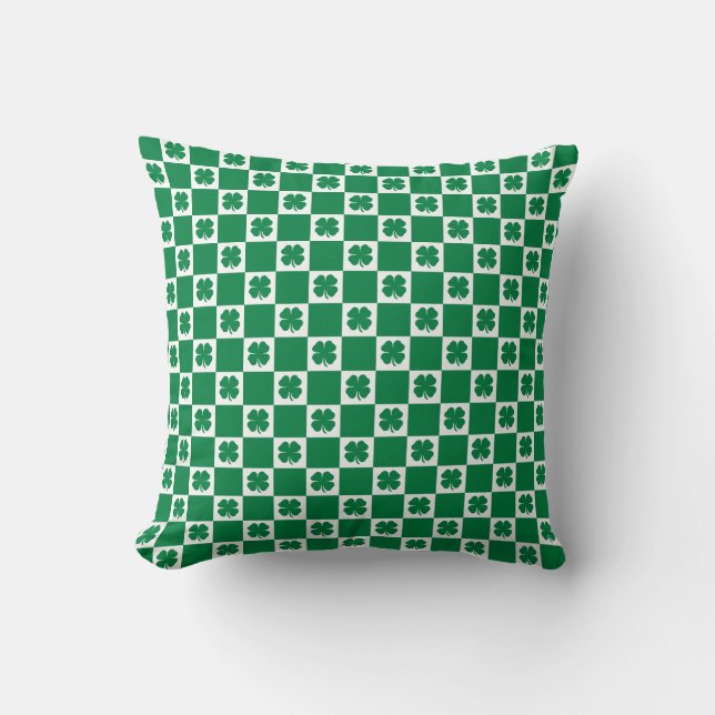 Chequered Green and White Shamrock Clover Pattern Throw Pillow (Front)