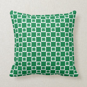 Chequered Green and White Shamrock Clover Pattern Throw Pillow