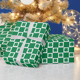 Chequered Green and White Shamrock Clover Pattern Wrapping Paper