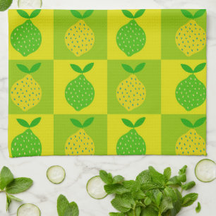 Chequered Green and Yellow Lemons Pattern Kitchen Towel