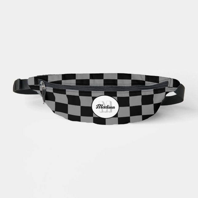 Chequered grey black geometric retro Monogram Fanny Pack (Front)
