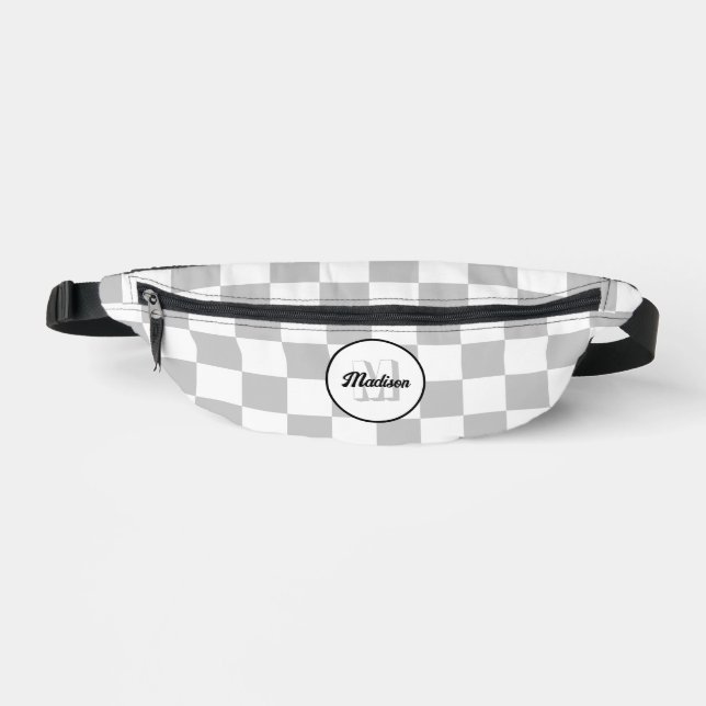 Chequered grey white geometric retro Monogram Fanny Pack (Front)
