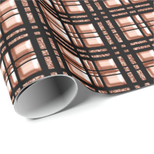 Chequered Grilled Geometry Rose Gold Copper Black Wrapping Paper