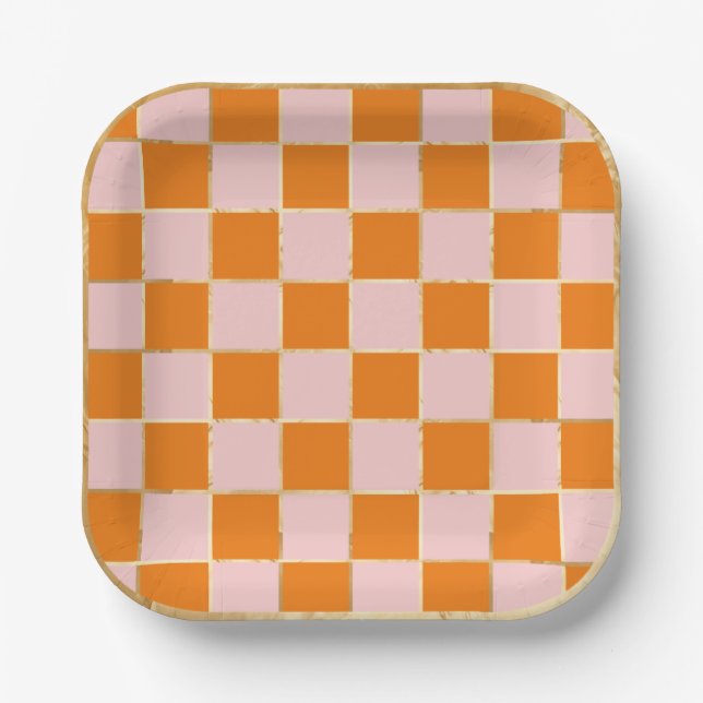 Chequered Halloween Orange Pink Paper Plate (Front)