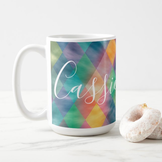 Chequered Harlequin Pale Rainbow  Coffee Mug (With Donut)