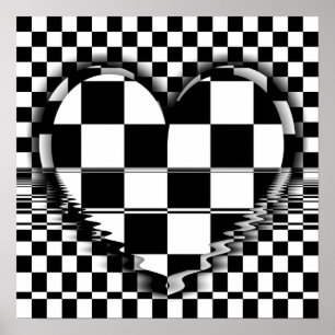 Chequered heart  Op art black and white  poster