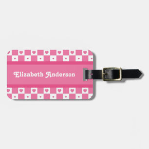 Chequered Heart Squares Pattern Pink and Whtie Luggage Tag