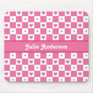 Chequered Heart Squares Pattern Pink and Whtie Mouse Pad
