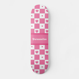 Chequered Heart Squares Pattern Pink and Whtie Skateboard