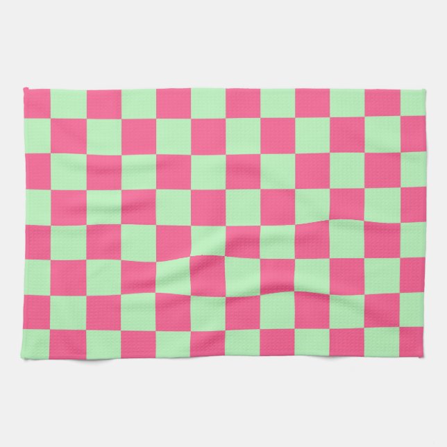 Chequered Hot Pink and Soft Green Kitchen Towel (Horizontal)