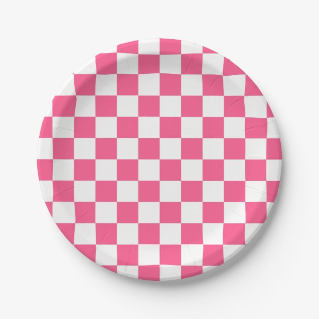 Chequered Hot Pink and White Paper Plate (Front)