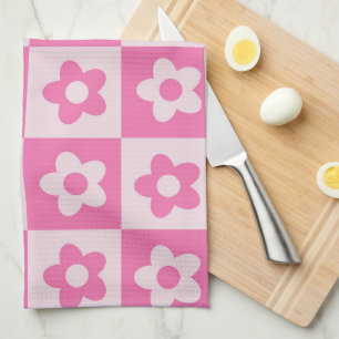 Chequered Hot Pink and White Retro Flowers Pattern Kitchen Towel