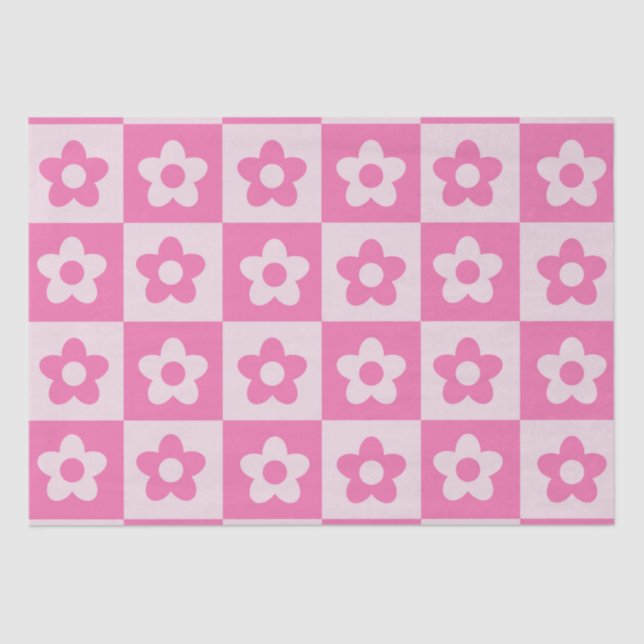 Chequered Hot Pink and White Retro Flowers Pattern Tissue Paper (Front)