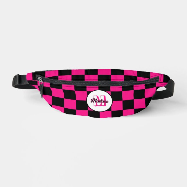 Chequered Hot pink black geometric retro Monogram Fanny Pack (Front)
