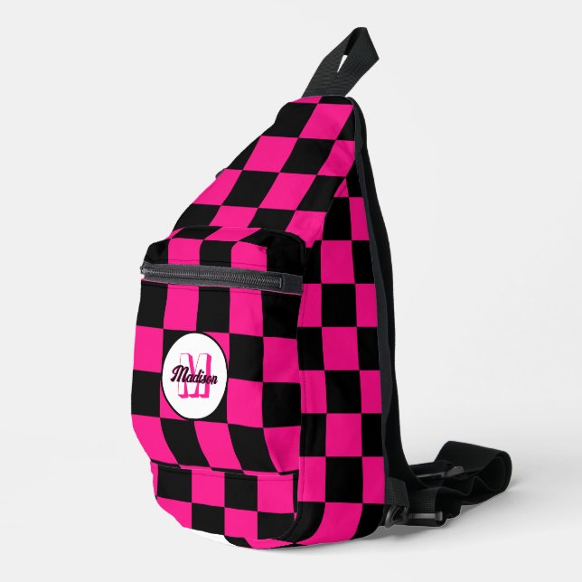 Chequered Hot pink Black geometric retro Monogram Sling Bag (Right Corner)