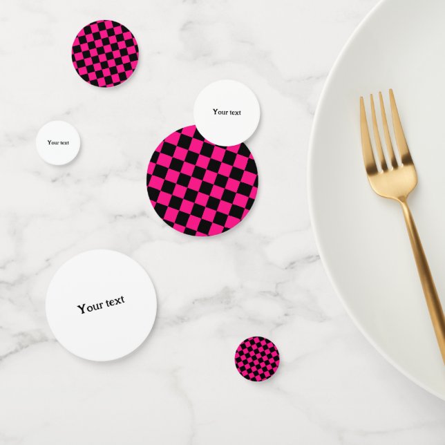 Chequered hot pink black geometric retro with text confetti (Group)