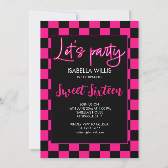 Chequered hot pink black Lets party Sweet 16 photo Invitation (Front)
