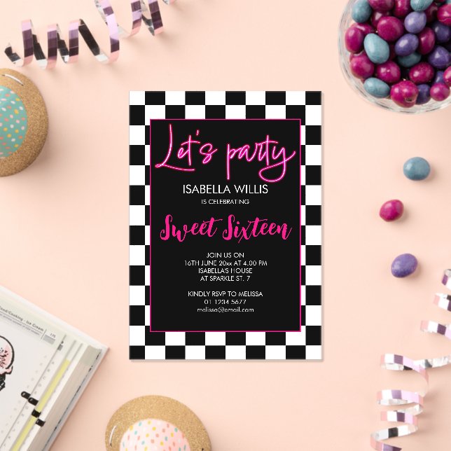 Chequered hot pink black white Lets party Sweet 16 Acrylic Invitations (Insitu (Celebration))