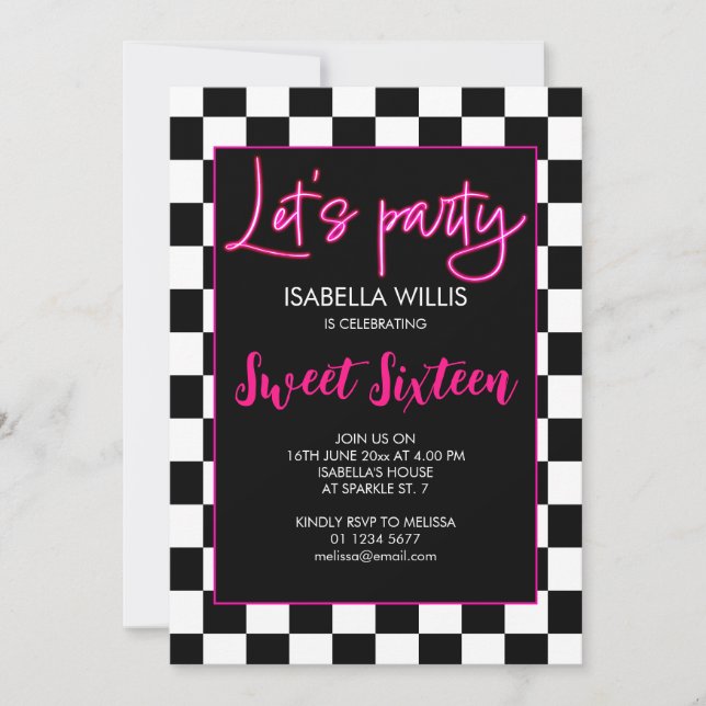 Chequered hot pink black white Lets party Sweet 16 Invitation (Front)
