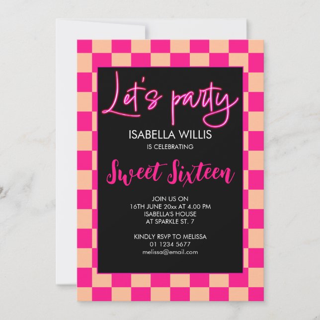 Chequered hot pink peach retro Lets party Sweet 16 Invitation (Front)