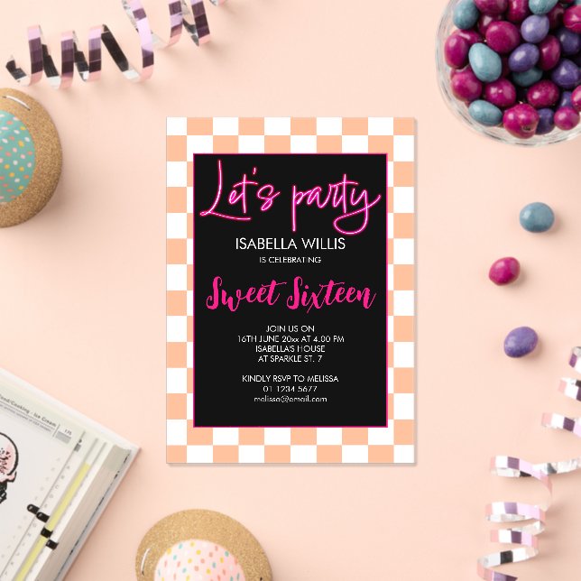 Chequered hot pink peach white Lets party Sweet 16 Acrylic Invitations (Insitu (Celebration))