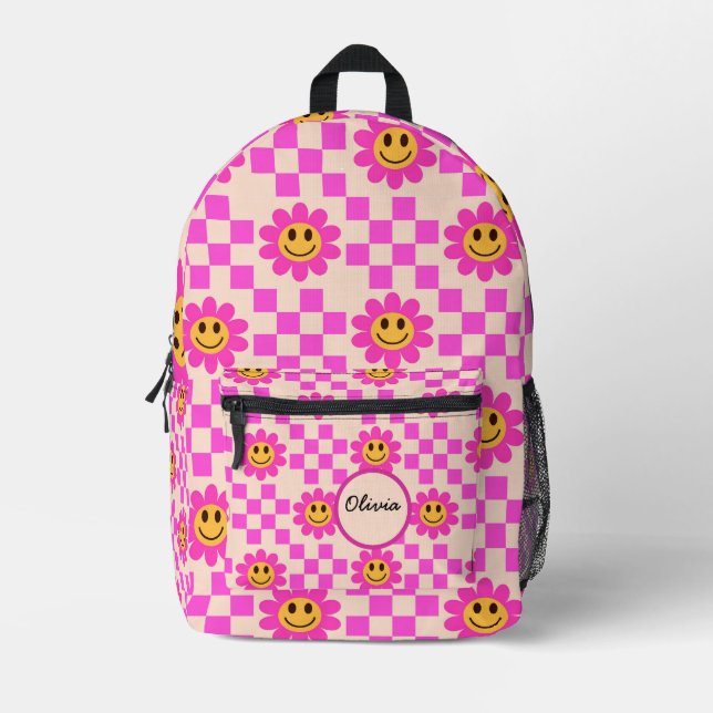 Chequered Hot Pink Smiling Flowers Custom Name   Printed Backpack (Front)