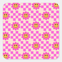 Chequered Hot Pink Smiling Flowers Pattern