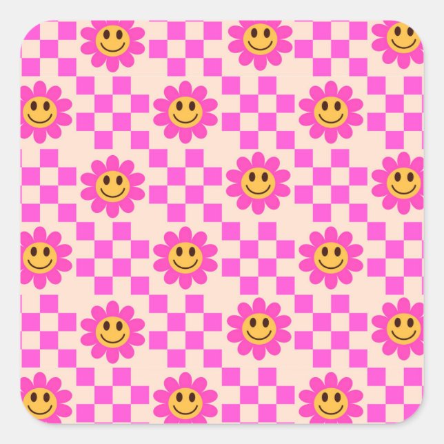 Chequered Hot Pink Smiling Flowers Pattern  Square Sticker (Front)