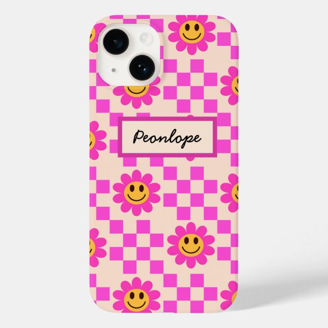 Chequered Hot Pink Smiling Flowers Personalized  Case-Mate iPhone Case (Back)