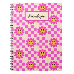 Chequered Hot Pink Smiling Flowers Personalized Notebook
