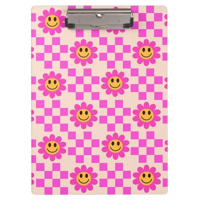 Chequered Hot Pink Smiling Flowers with Squares  Clipboard (Front)
