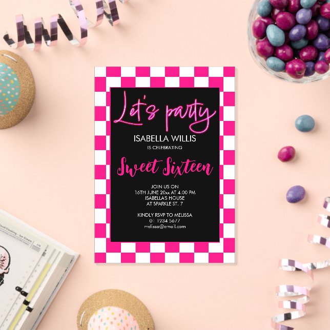 Chequered hot pink white black Lets party Sweet 16 Acrylic Invitations (Insitu (Celebration))