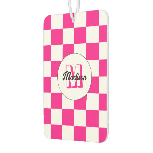 Chequered Hot pink white geometric retro Monogram Air Freshener