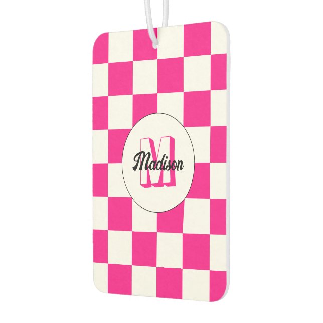 Chequered Hot pink white geometric retro Monogram Air Freshener (Left)