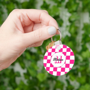 Chequered Hot pink white geometric retro Monogram Keychain