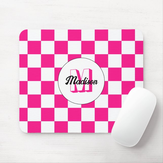 Chequered Hot pink white geometric retro Monogram Mouse Pad (With Mouse)