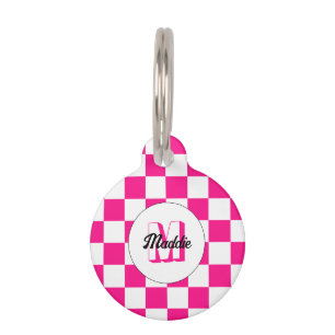 Chequered Hot pink white geometric retro Monogram Pet Tag