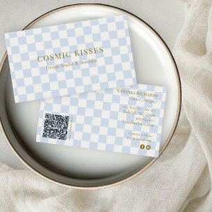 Chequered Ice Blue Cream QR Boutique Marketing Business Card
