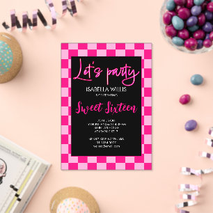 Chequered light hot pink black Lets party Sweet 16 Acrylic Invitations