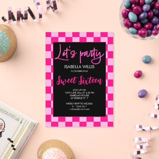 Chequered light hot pink black Lets party Sweet 16 Acrylic Invitations (Insitu (Celebration))